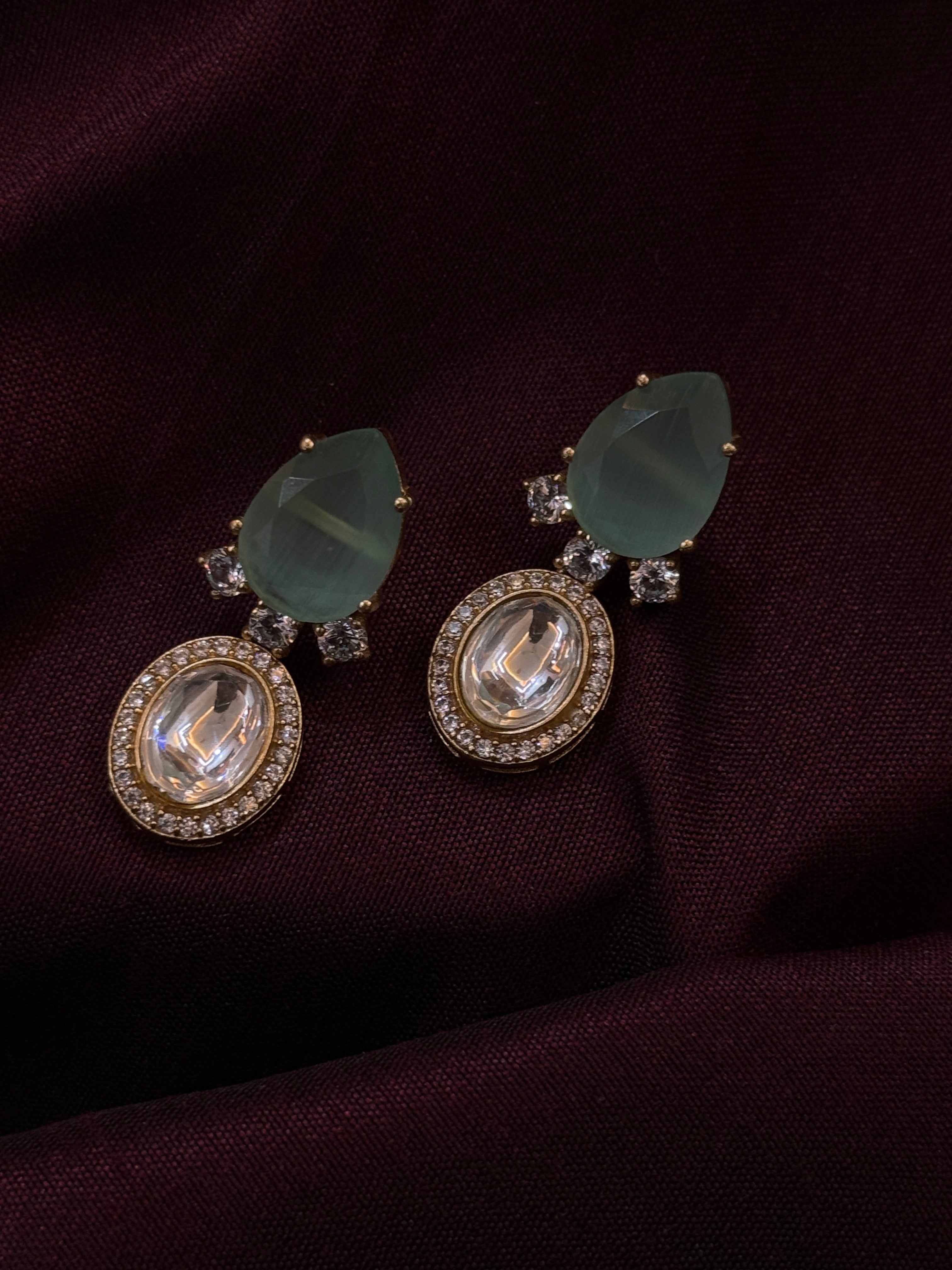 Elegant Teardrop Mint Green Kundan Earrings